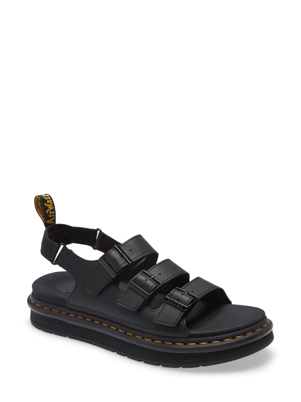Dr. Martens Black Leather Triple-Strap Platform Sandals with Yellow Stitching